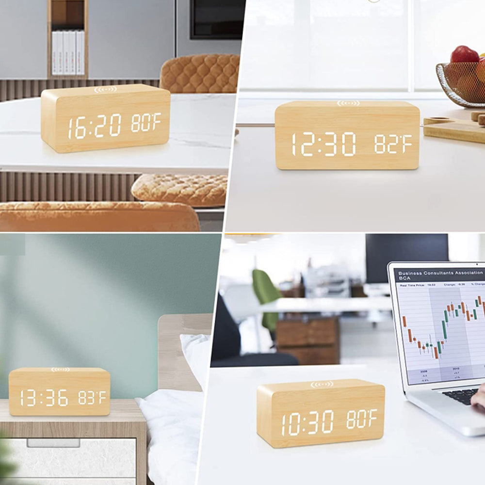 2Pcs Wooden Digital Alarm Clock with Wireless Charger