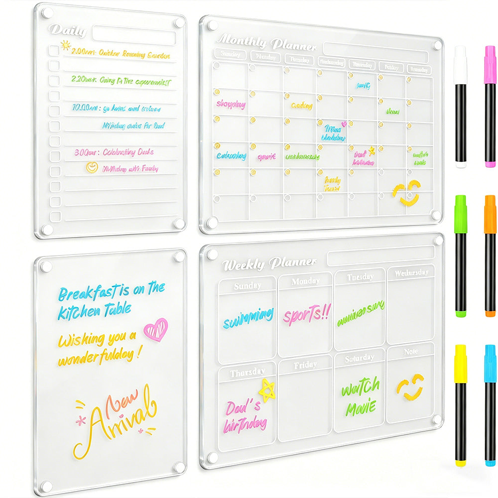 4Pcs Dry Erase Calendar for Fridge Acrylic Transparent Board Monthly Weekly Daily Planner