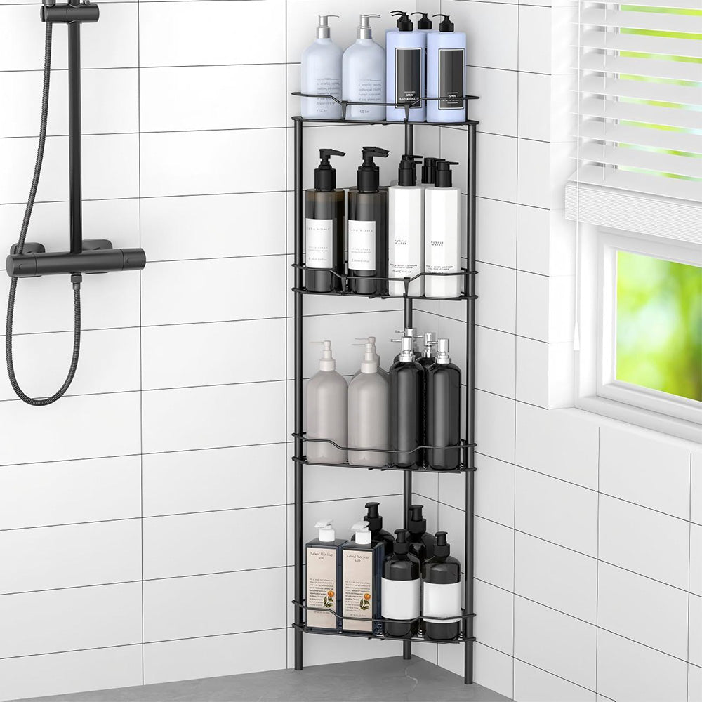4 Tier No Drill Corner Shower Shelf with Hooks