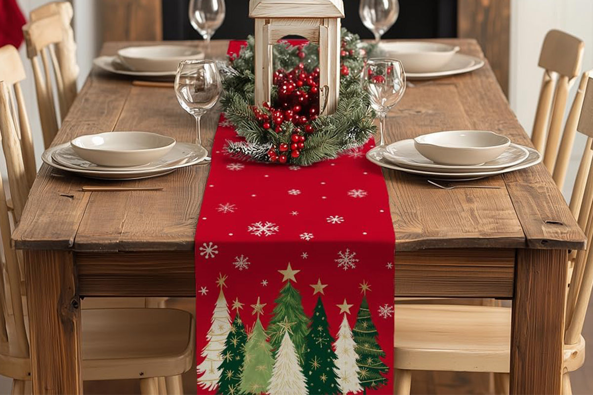 Christmas Table Runner Xmas Trees Tablecloth Cover For Kitchen Dinner Party