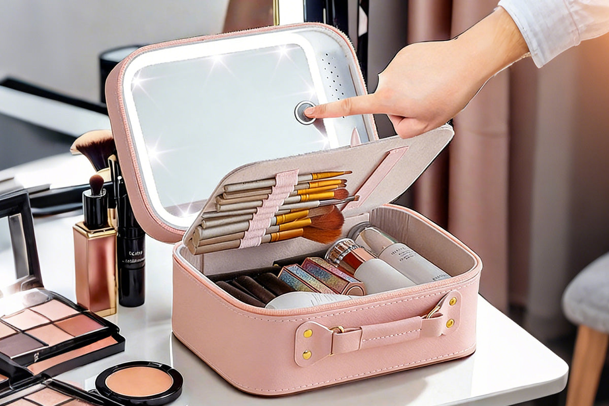 LED Mirror Makeup Case Hard Shell Rechargeable Lighted Cosmetic Organizer
