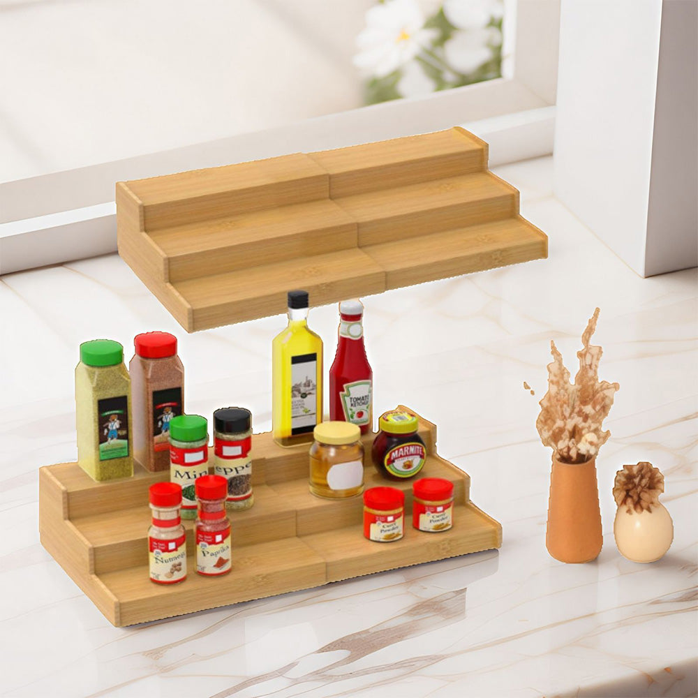 3-Tier Expandable Bamboo Spice Rack Organizer Adjustable Kitchen Cabinet Storage