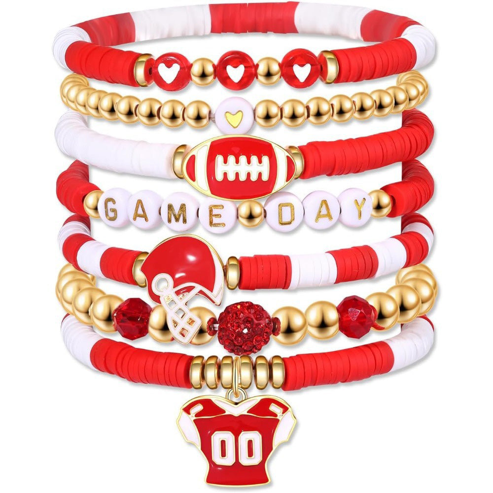 7 Piece Elastic Clay Bead Football Bracelet Stack Set