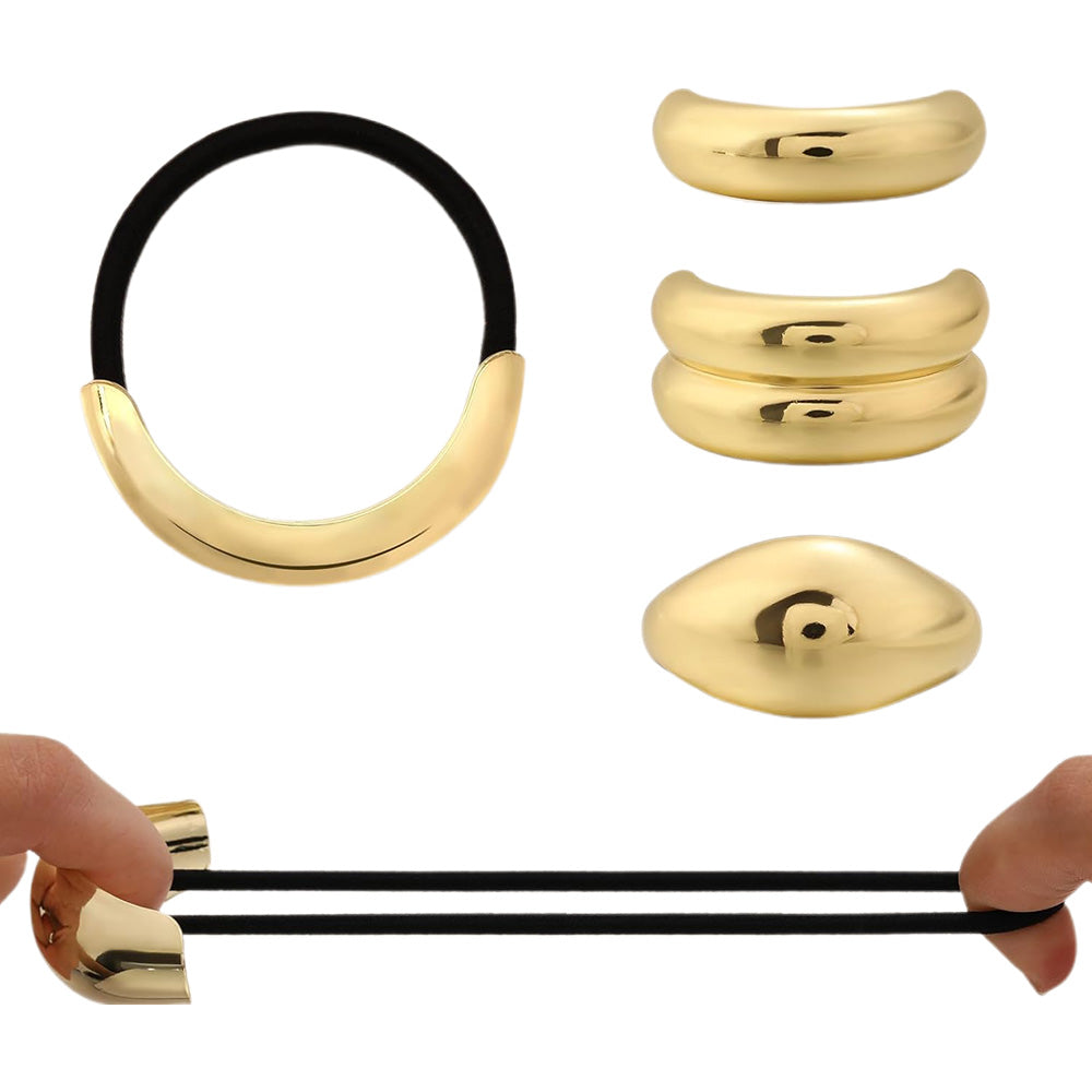 3Pcs Metal Gold Hair Ties with Geometric Design Stretchy Ponytail Cuff Holders
