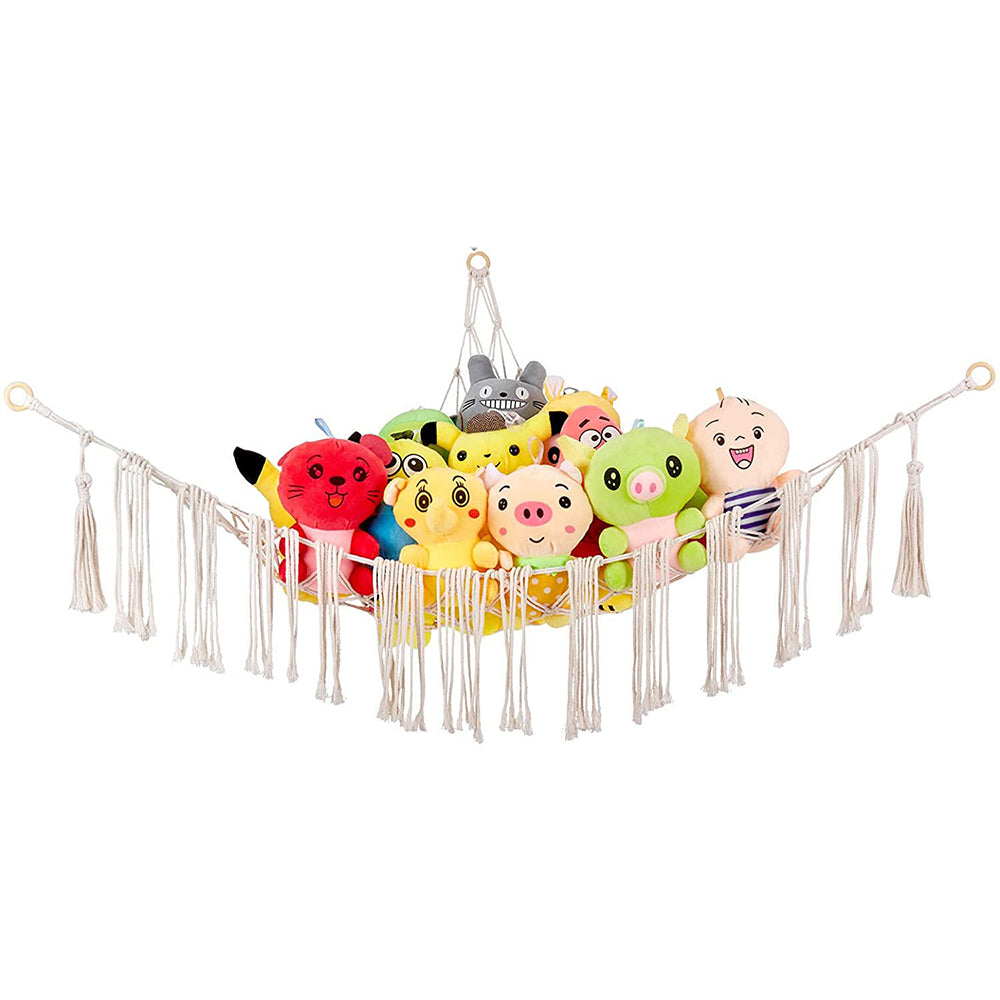 Tassels Boho Plush Toy Hammock with String Light Hanging Storage Net