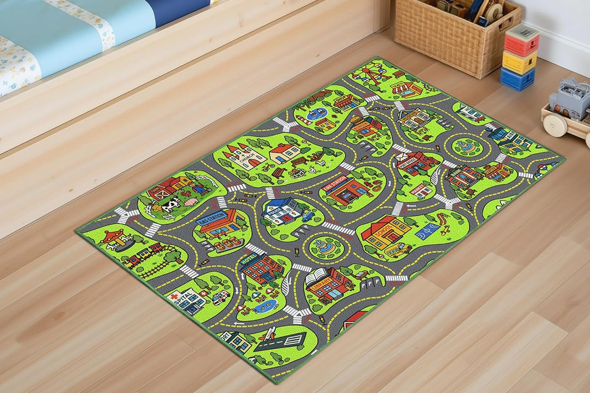 Car Track Play Mat Educational City Road Rug Non Slip Floor Playmat