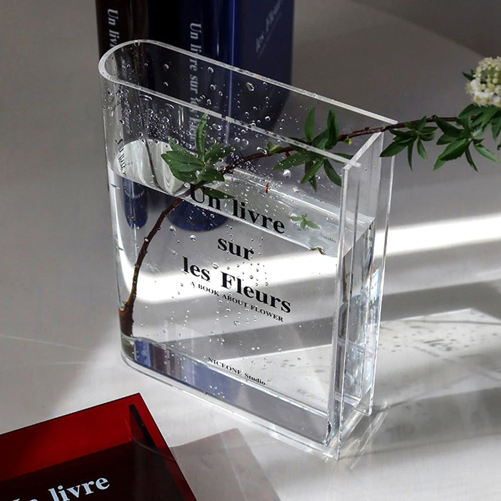 Plastic Clear Book Vase for Flowers Bookshelf Vase Decoration-Clear