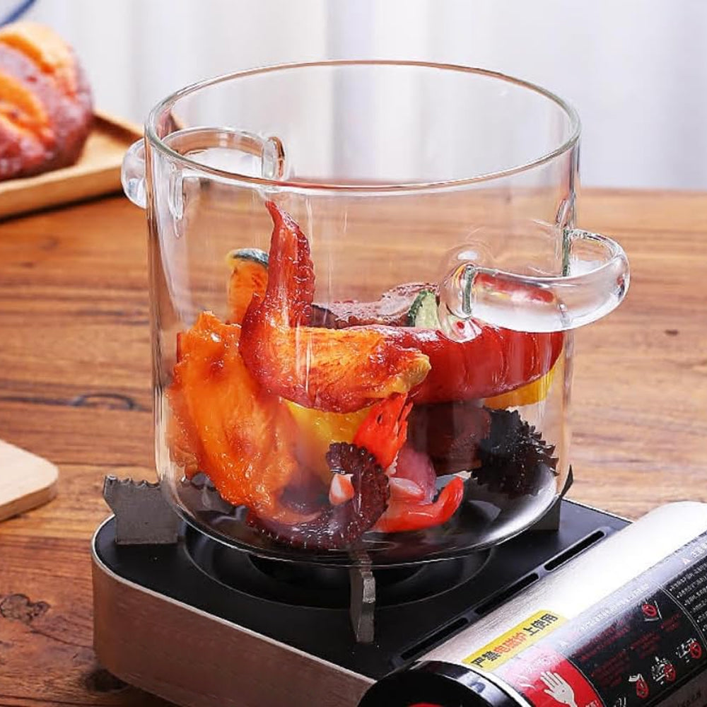 Glass Cooking Pot Double-Handled Heat-Resistant Clear Glass Stovetop Pot with Lid