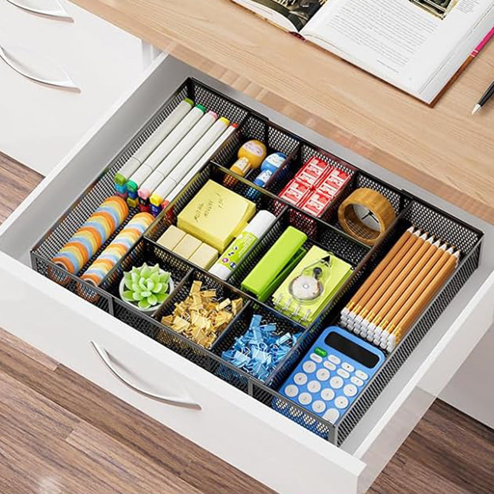 Expandable Desktop Drawer Organizer Basket with Adjustable Dividers for Home Office