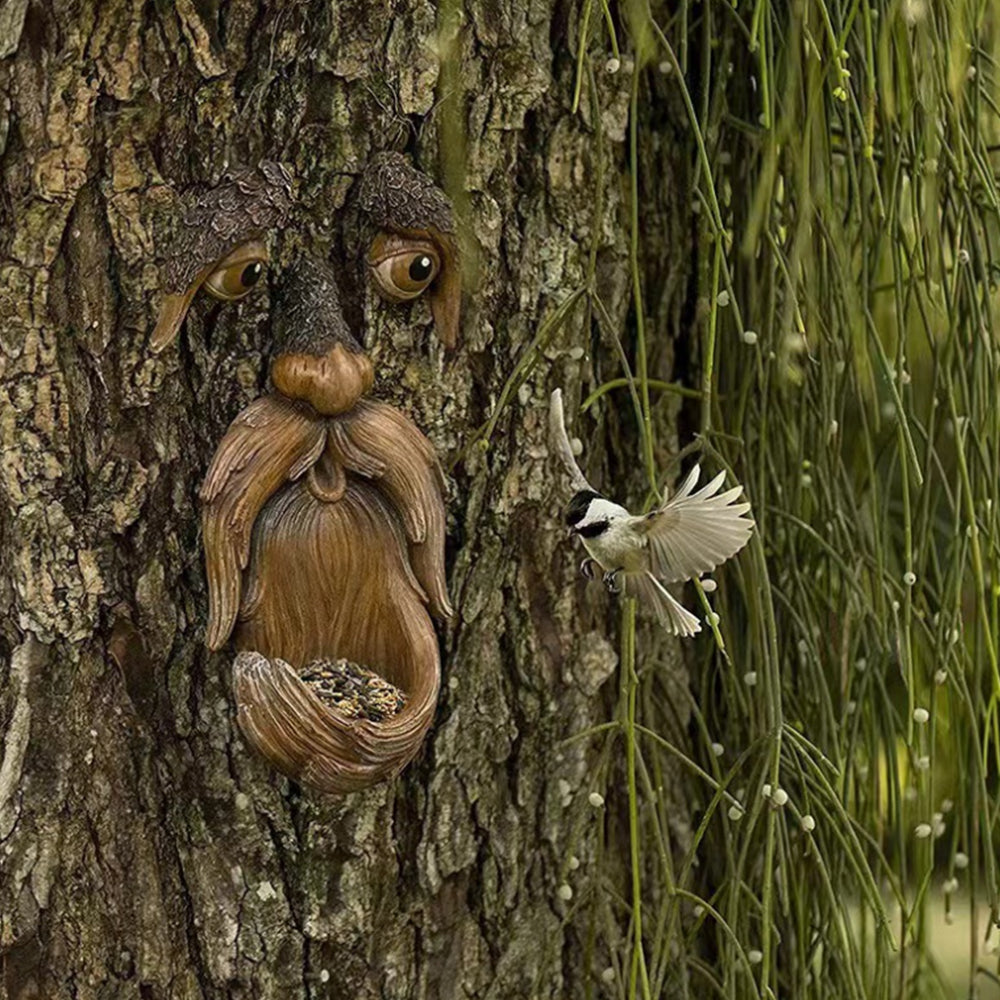 2Pcs Resin Old Man Face Sculpture Bird Feeder for Outdoor Decoration