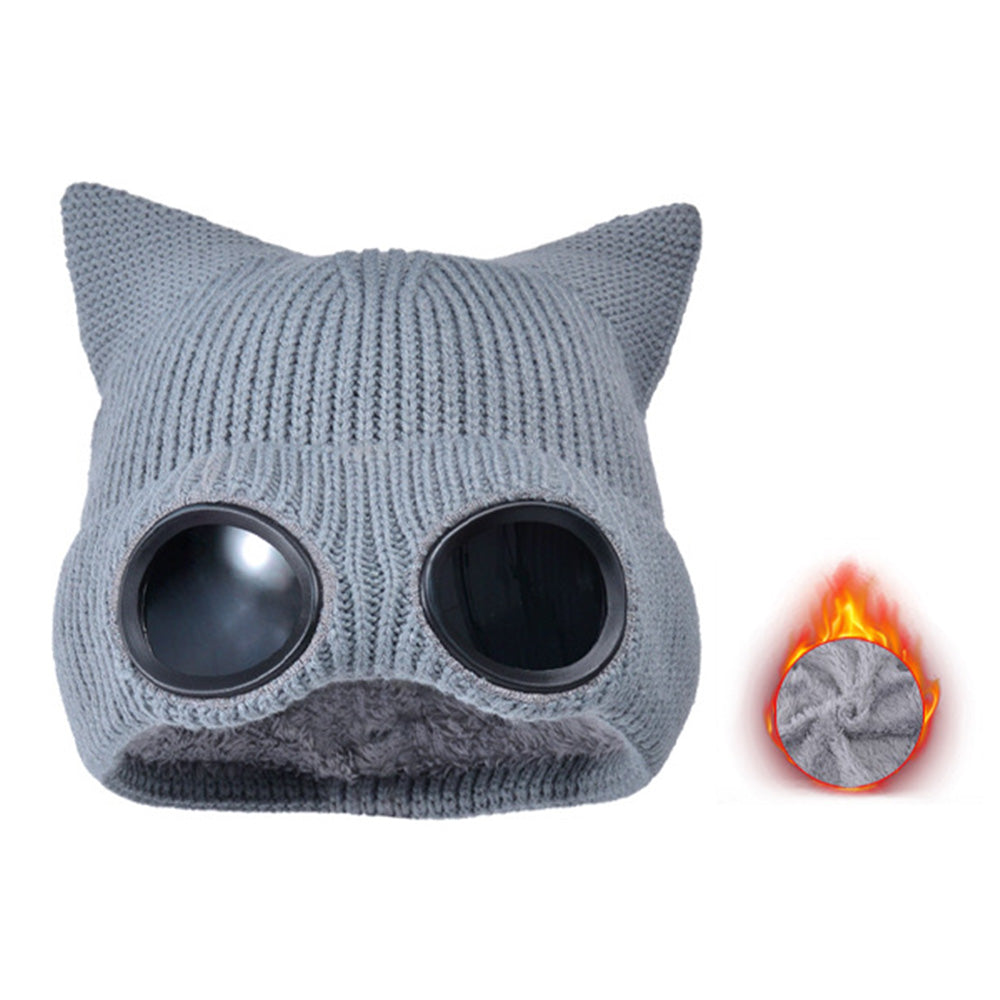 Double Layer Knit Winter Beanie with Goggles Cute Cat Ear Knit Beanie for Winter