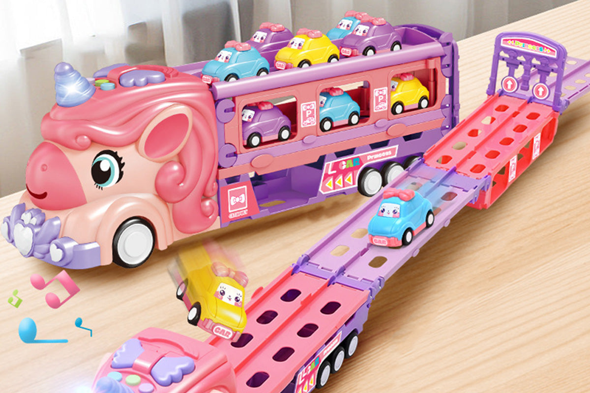 Unicorn Toy Truck Foldable Racetrack with Lights and Sound Birthday Gift for Girls
