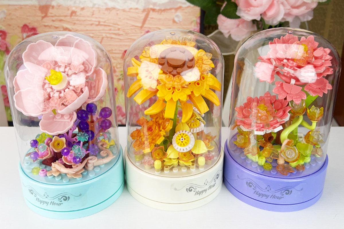 Flowers Music Box Building Blocks with Dust Cover Music Box Building Toys