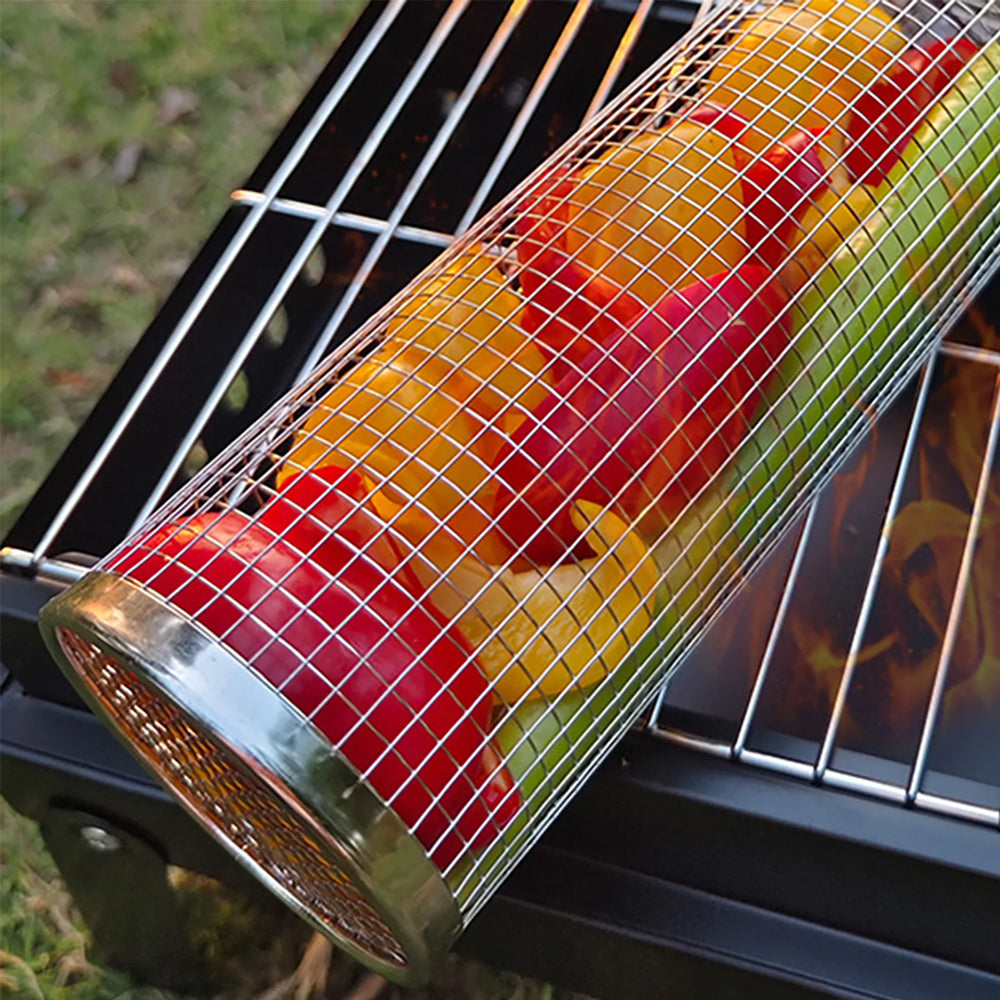 Set Of 3 Rolling Grill Basket BBQ Net Cylinder Barbecue Grilling Tube Cage
