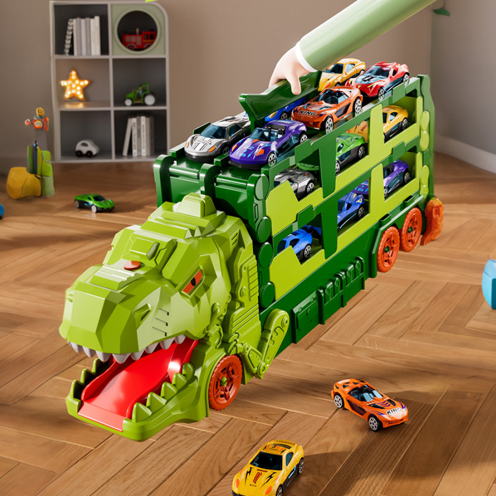 Foldable Dinosaur Truck with Dual Tracks and 6 Small Cars for Home Outdoors