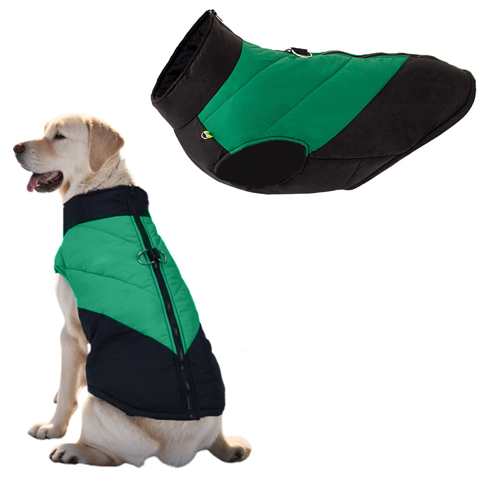 Waterproof Pet Dog Vest Winter Jacket with Reflective D Ring and Smooth Zipper-Green