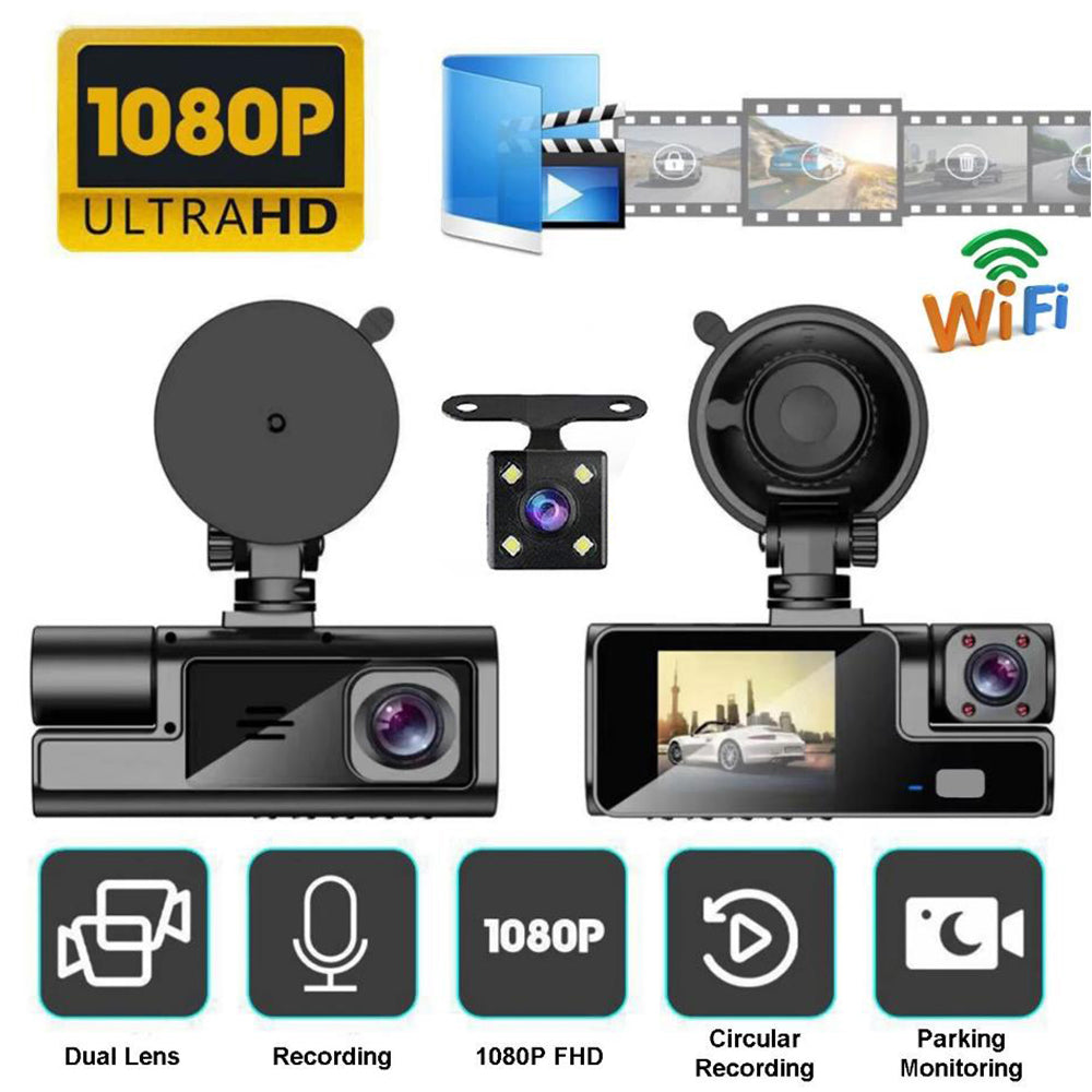 3 Channel Wi-Fi Dash Cam 2inch IPS Dash Cam Front and Rear Night Vision Dash Cam