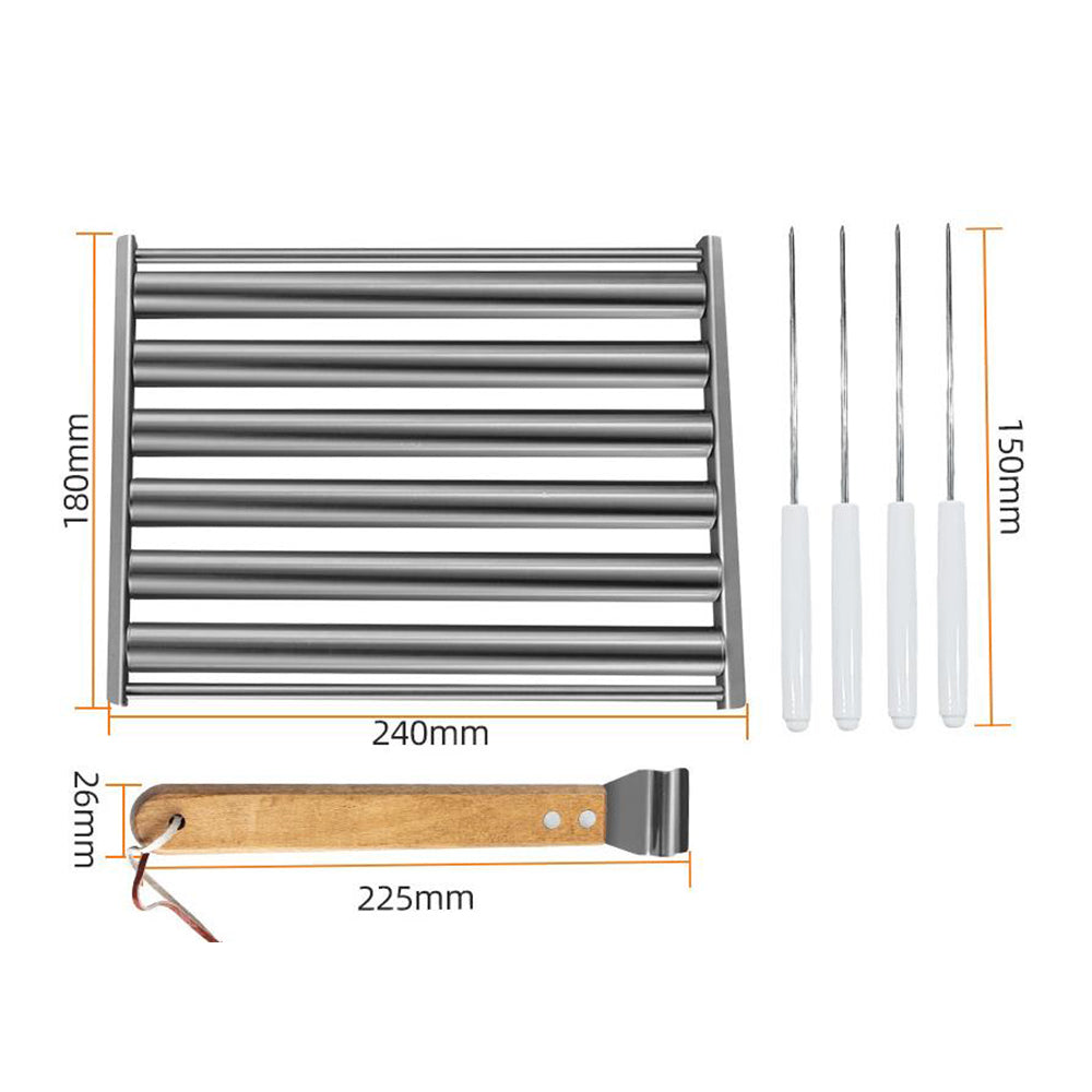 Stainless Steel Hot Dog Grill with Wooden Handle and 4 BBQ Skewers
