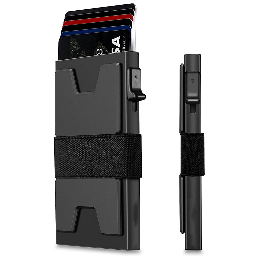 RFID Blocking Slim Aluminum Card Holder Wallet with Durable Expandable Backplate and Holds 12 Plus Cards Plus Cash