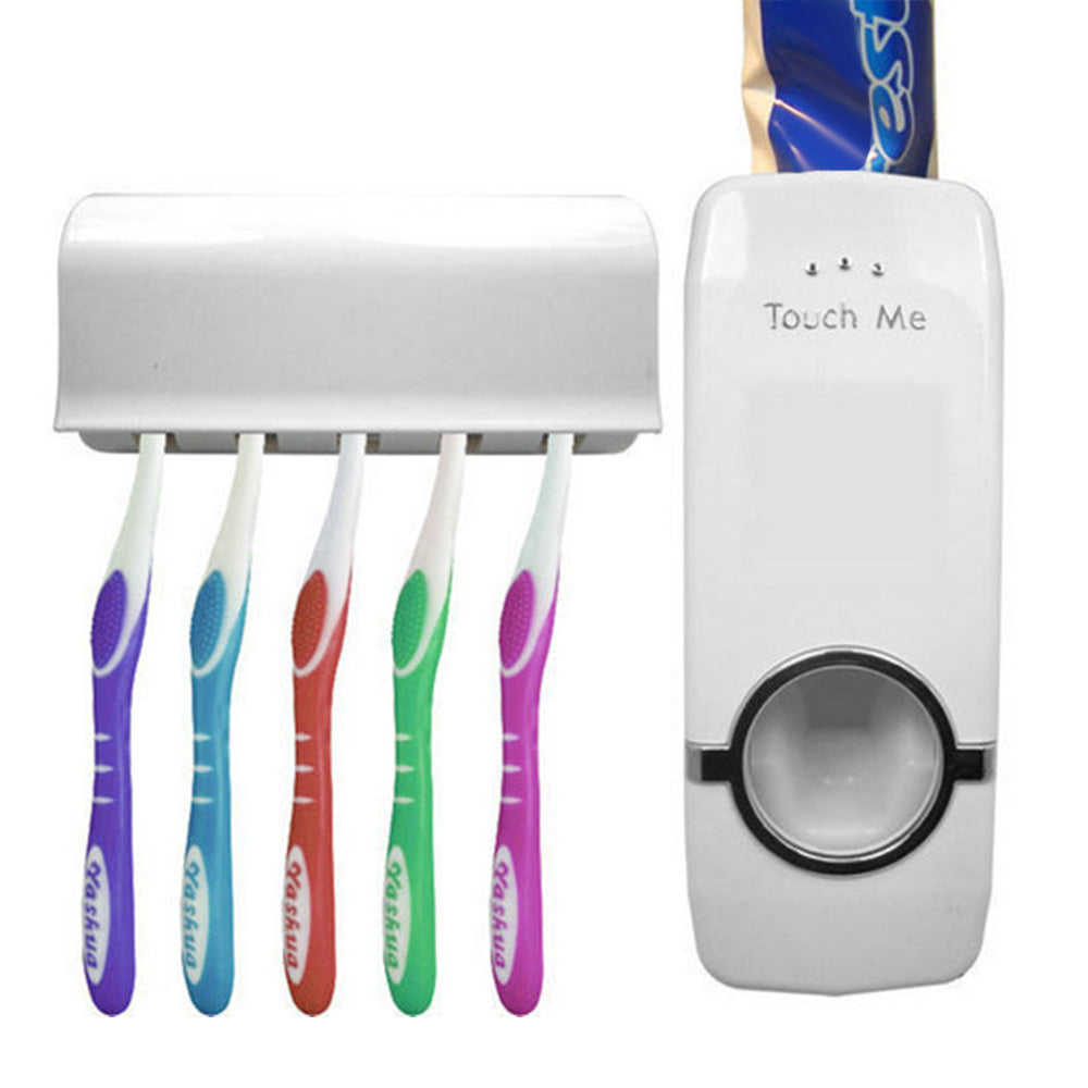 Toothpaste Dispenser and 5 Toothbrush Holder Set Wall Mount Stand