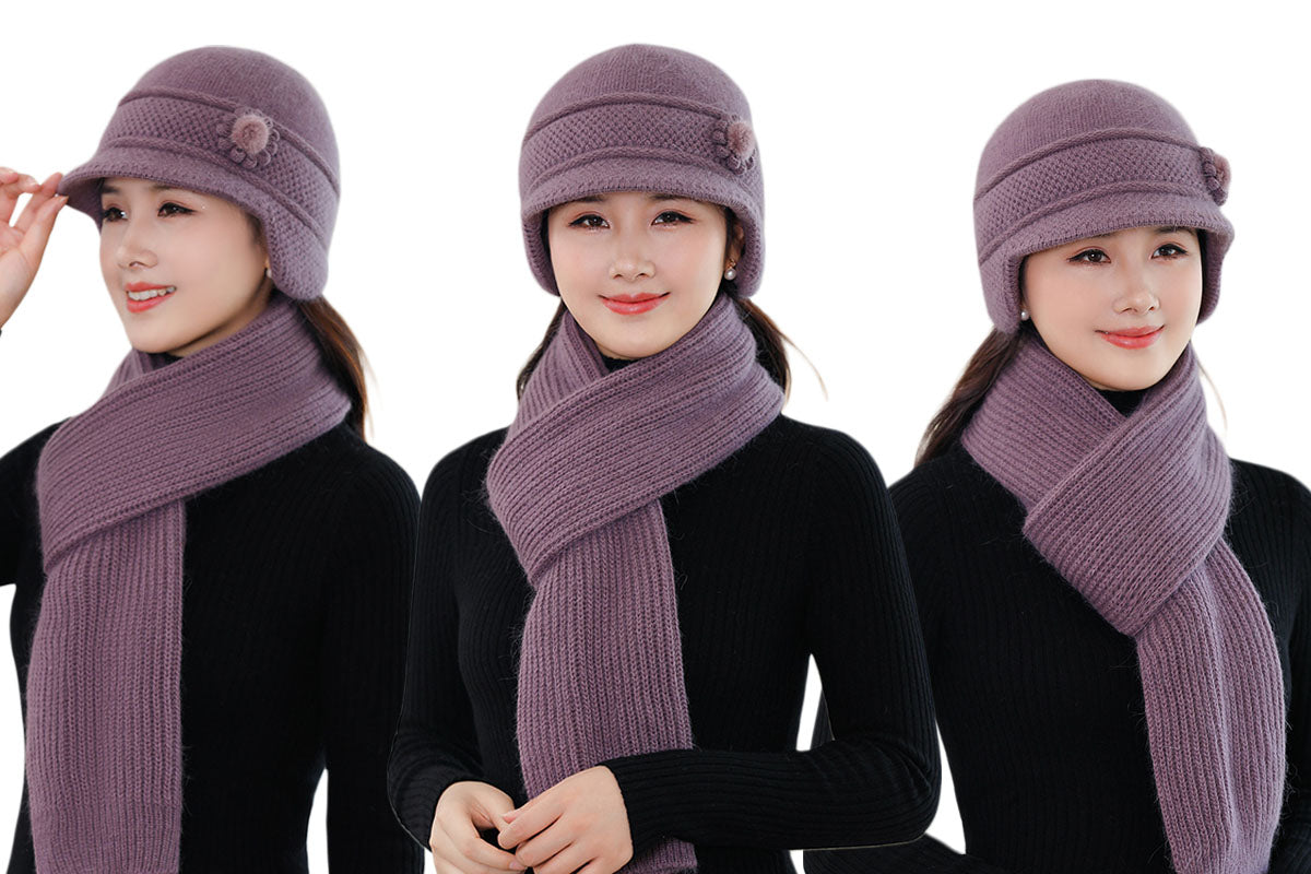 Winter Warm Earflap Hat Scarf Set for Elderly & Middle-Aged Ladies Women