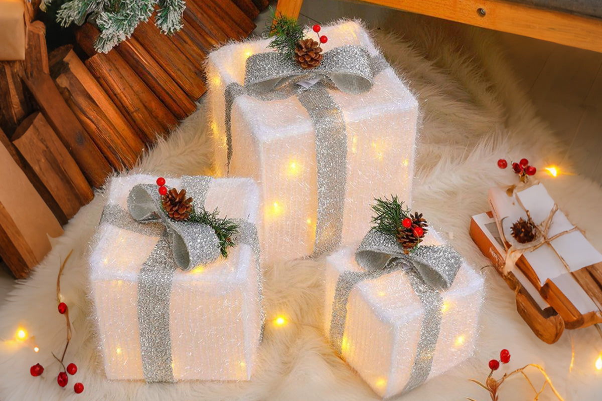 3PCS Christmas Lighted Gift Boxes With 8 Modes For Holiday Indoor Outdoor Decorations