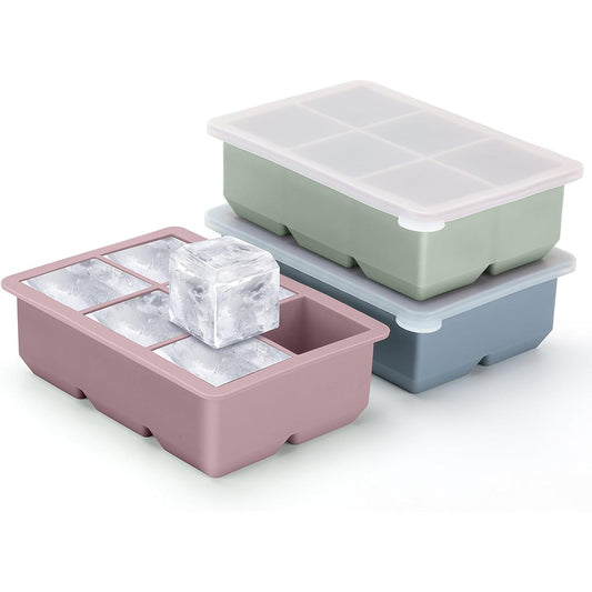3Pcs Silicone Ice Cube Trays with Lid 6 Cavity Large Square Mold for Whisky Cocktail