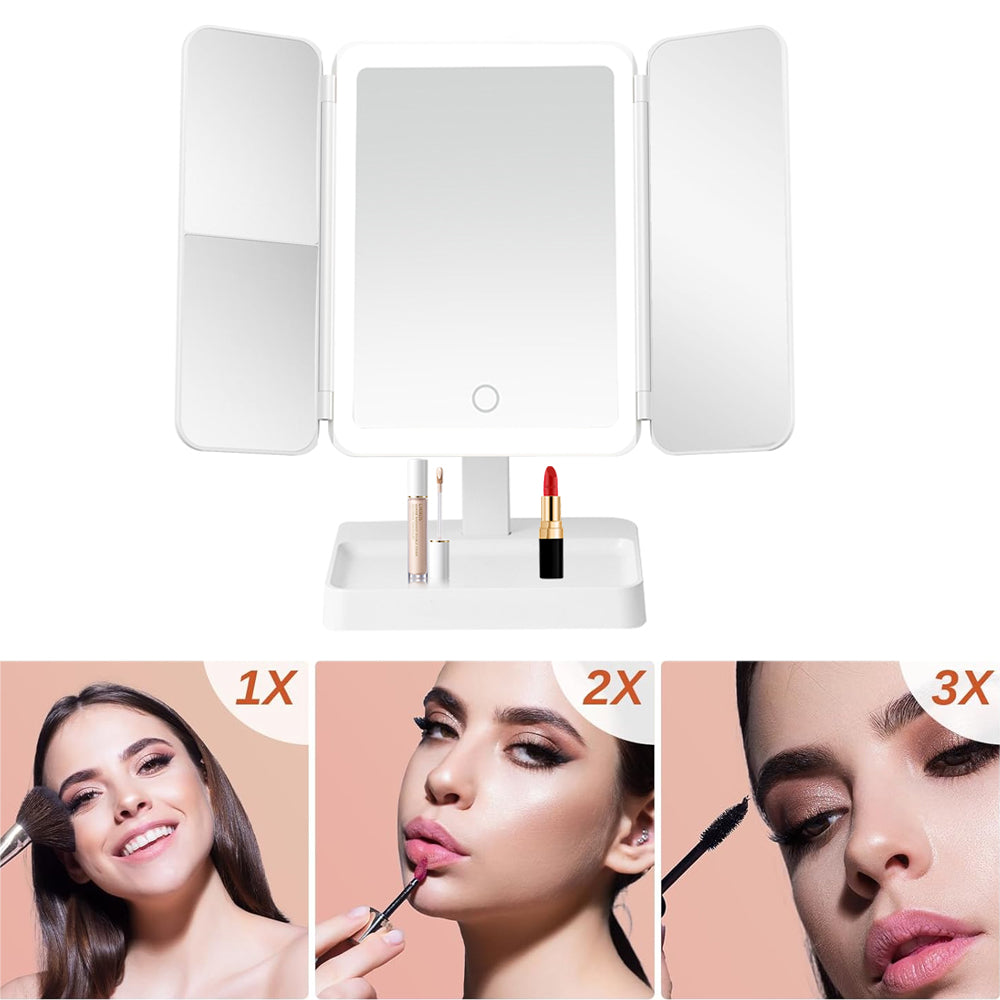 Tri-Fold Standing LED Makeup Mirror with 2X 3X Magnification