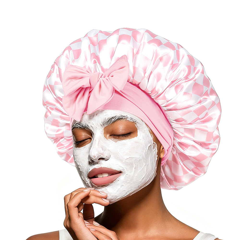 Satin Sleep Bonnet Hair Wrap for Women Adjustable Bow Print Silk Like Night Cap