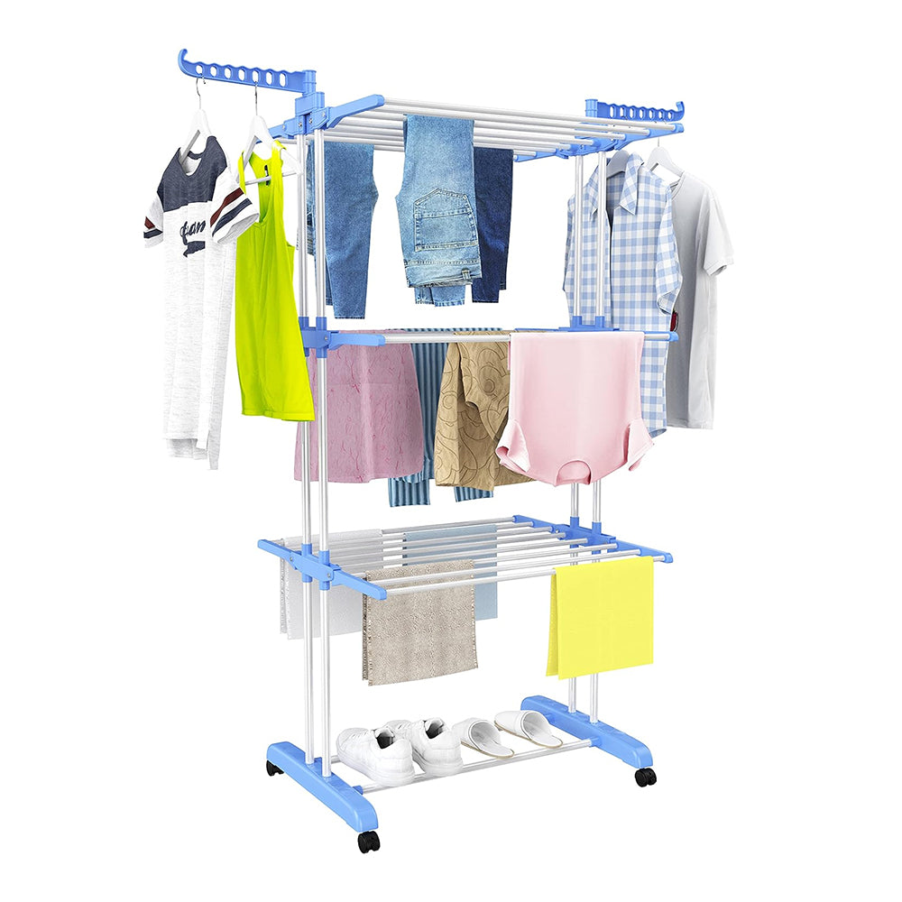 4-Tier Clothes Drying Airer Foldable Stainless Steel Movable Drying Rack
