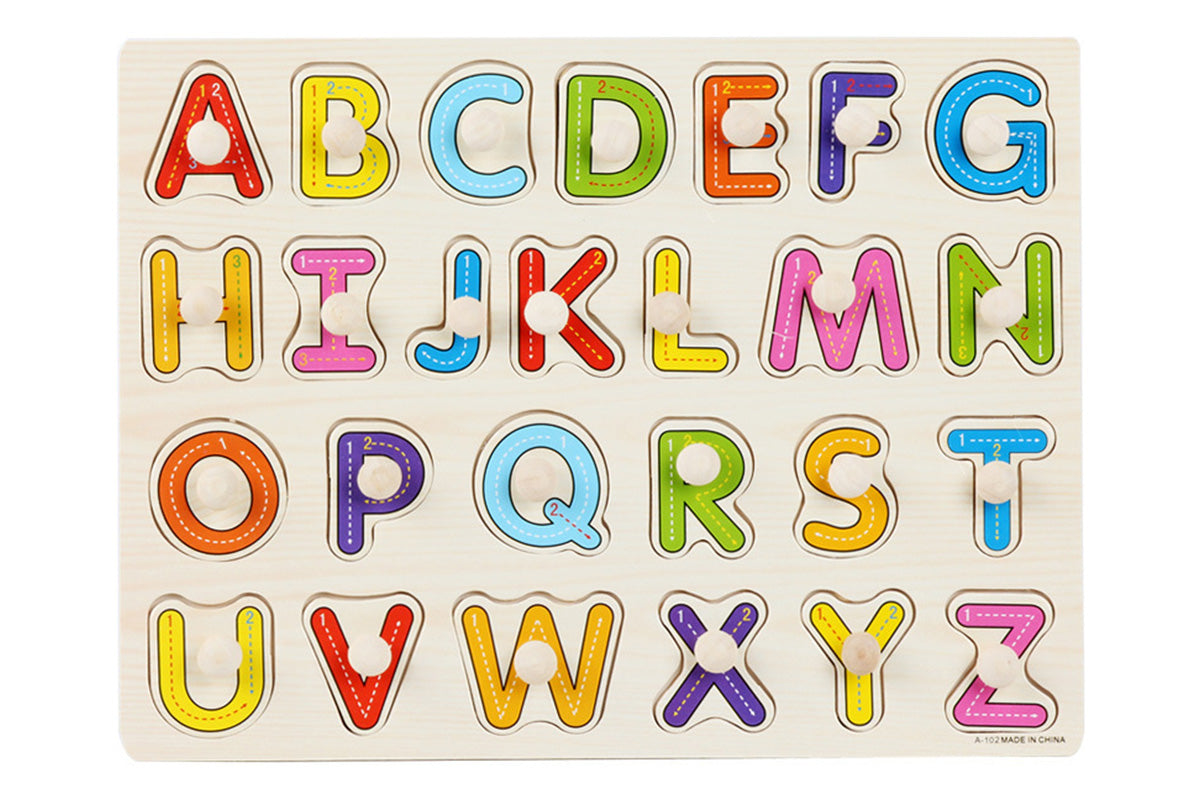 4 Sets Wooden Peg Puzzle for Girls Boys with Alphabet Number Animal Dinosaur Vehicle