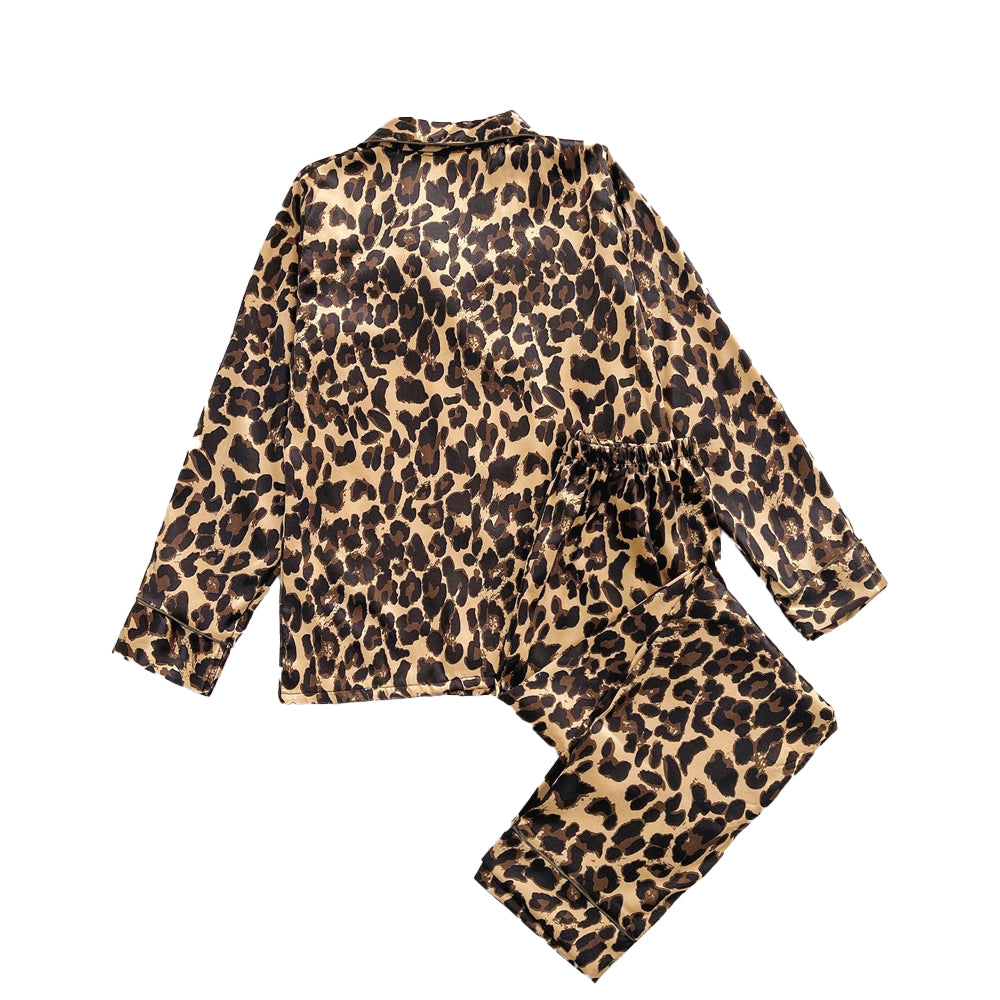 Print Satin Pyjamas Set-Brown Leopard