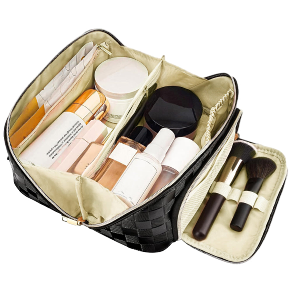 Large Capacity PU Leather Water-Resistant Checkered Cosmetic Bag Travel Makeup Bag