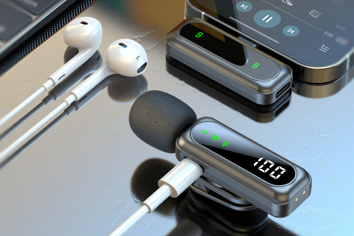 Wireless Lavalier Microphone LED Display Mini Mic For Android Apple Phone