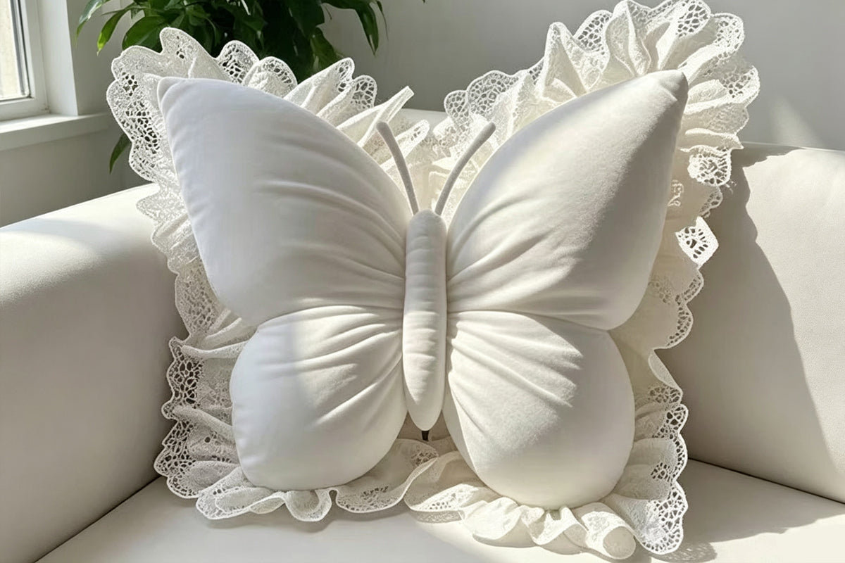 Butterfly Shape Throw Pillow with Lace Ruffle Trim Decorative Cushion Home Decor Cushion Butterfly Velvet Throw Pillow