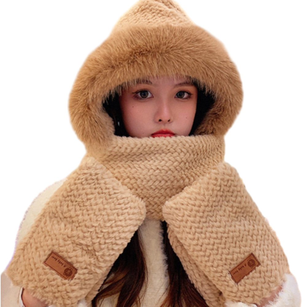 3-in-1 Winter Warm Plush Hooded Scarf Hat and Gloves