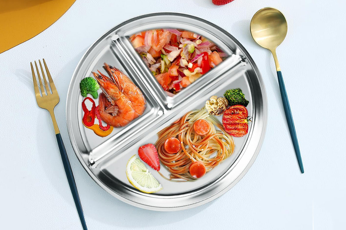 Stainless Steel Portion Control Divided Plate Balanced Lunch Meal Tray