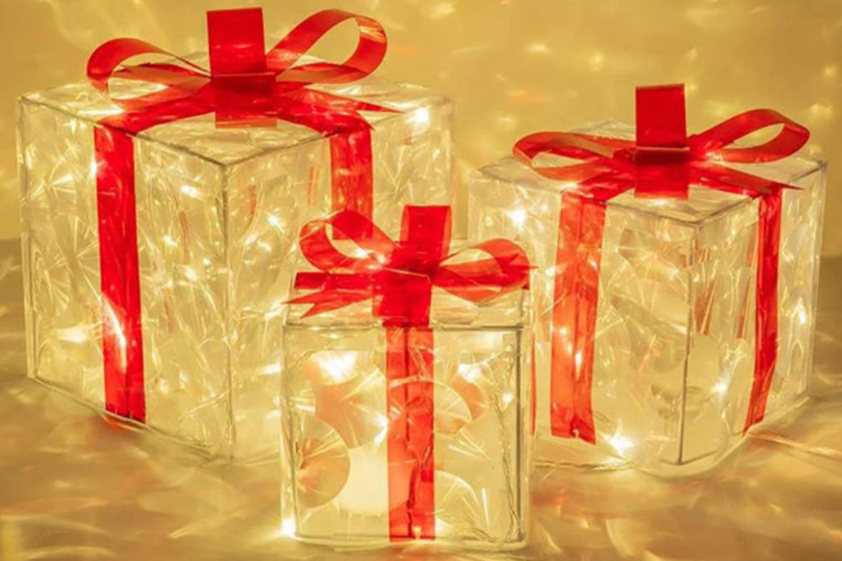 3D 3-Pack Christmas Gift Box with LED Lights Decorations