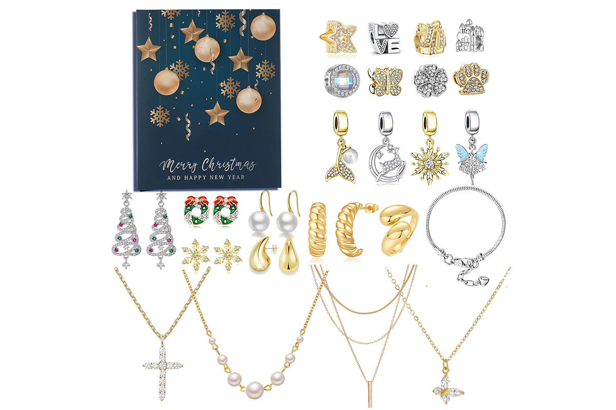 24PCS Christmas Jewelry Advent Calendar Bracelet Necklace Ring Earrings Set