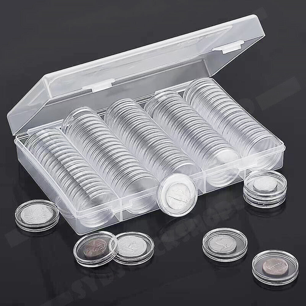 100Pcs Plastic Coin Capsules with Storage Box and Foam Gasket
