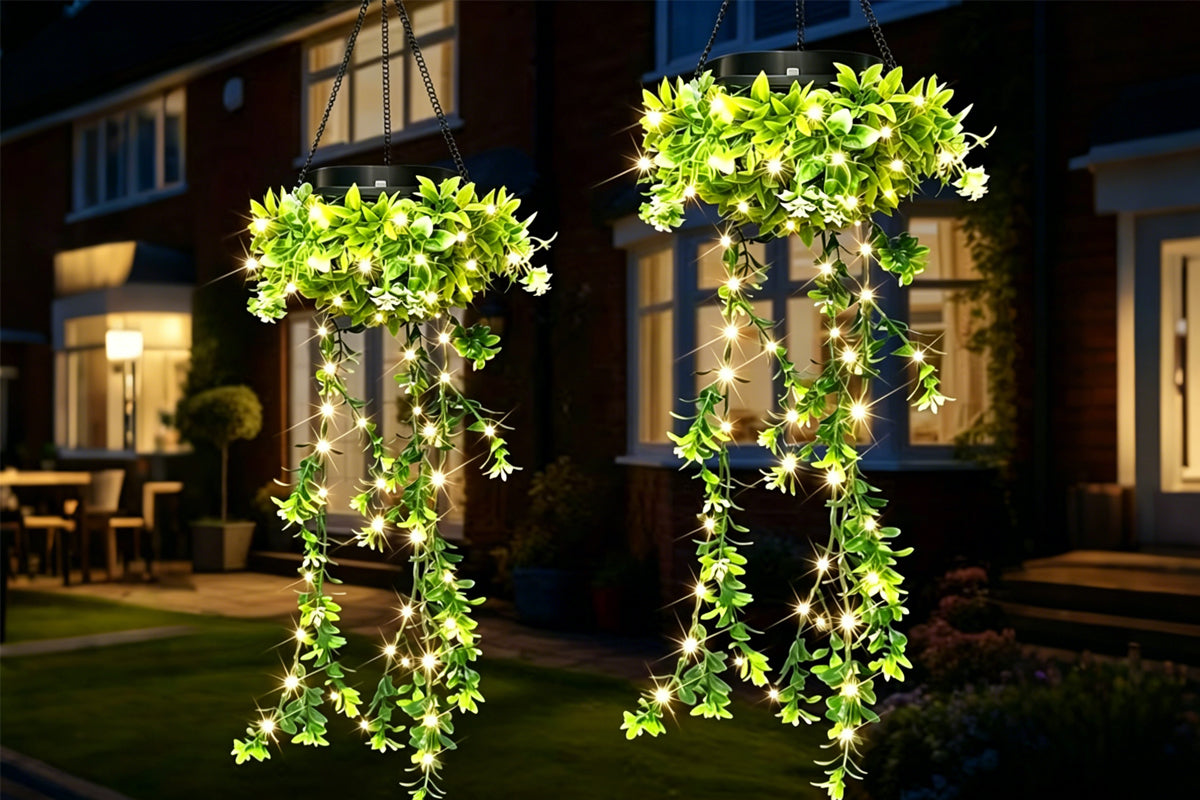 Solar Hanging Light with Artificial Green Vine Garden Decor Outdoor Hanging Solar Lamp Fake Trailing Plant Light for Patio Balcony