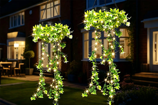 Solar Hanging Light with Artificial Green Vine Garden Decor Outdoor Hanging Solar Lamp Fake Trailing Plant Light for Patio Balcony