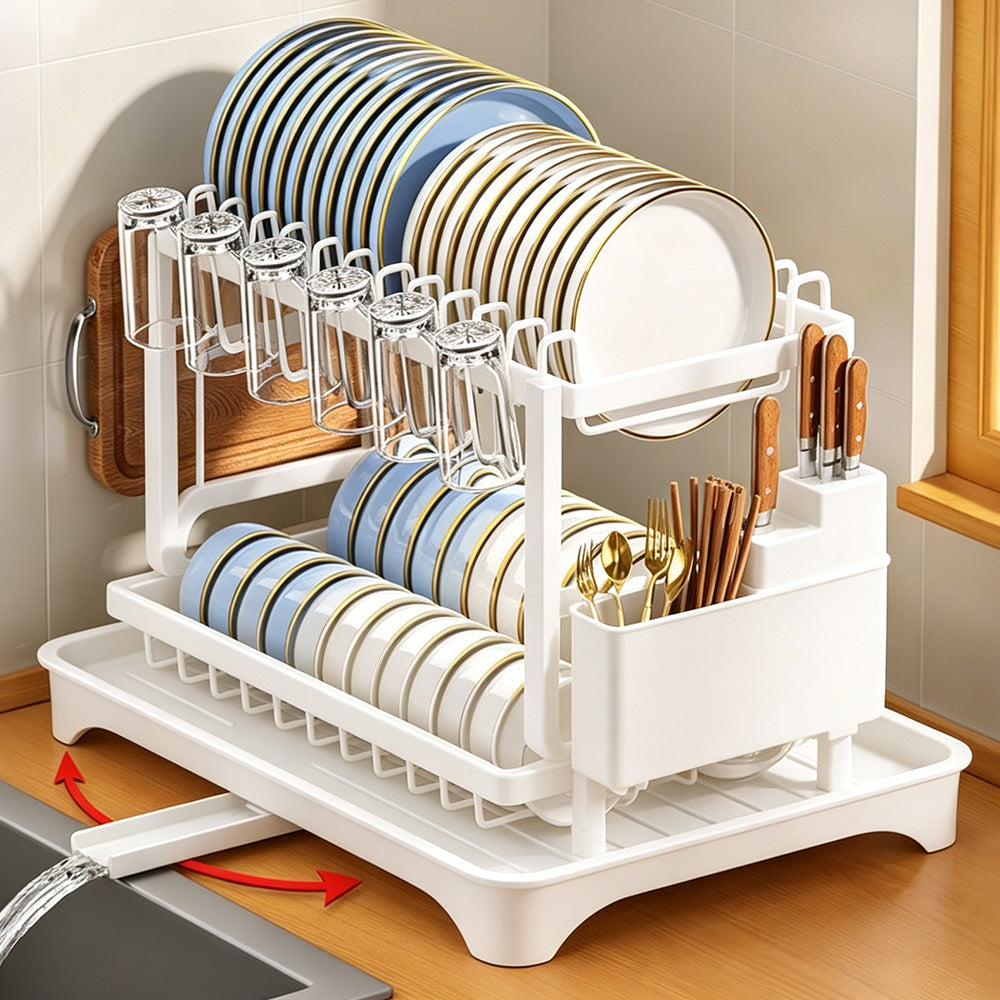 Two-Tier Carbon Steel Dish Drying Rack with Divided Storage