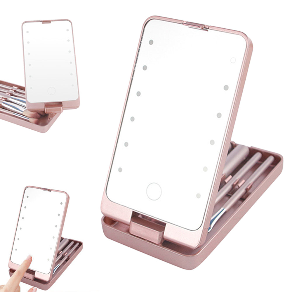 Compact LED Makeup Mirror with Cosmetic Brush and Holder