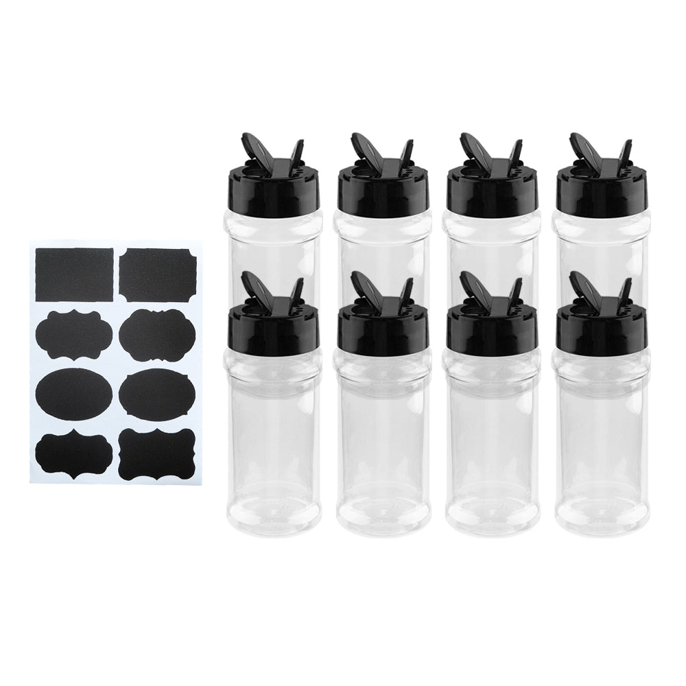 8Pcs Plastic Spice Jars with Black Shaker Lids and Stickers for Storing Spices Herbs and Seasoning Powders