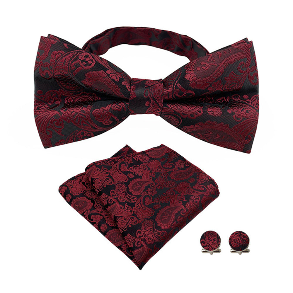 4 Piece Mens Jacquard Pre Tied Bow Tie Pocket Square and Cufflink Set