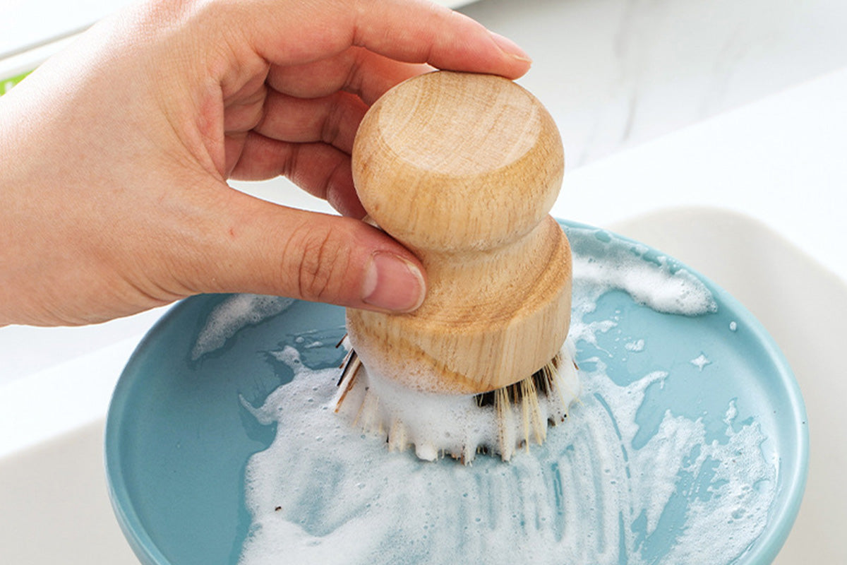 3PCS Bamboo Round Mini Dish Brush Natural Cleaning Brush Kitchen Scrubber Set