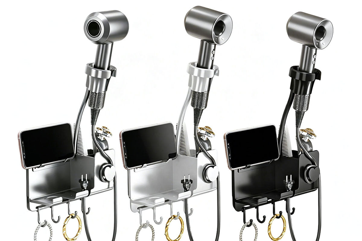Adhesive Wall Mount Hair Dryer Holder with Phone Stand and Cord Organizer