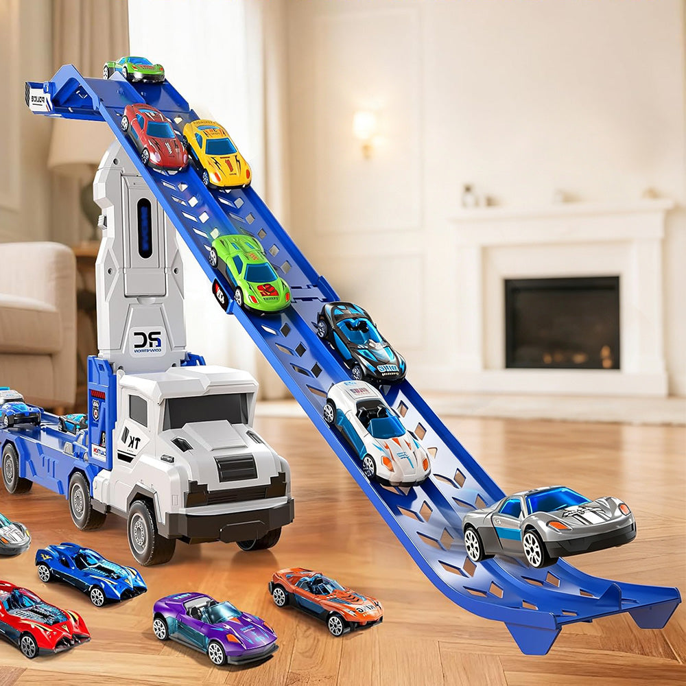 Large Dual Track Transporter Truck Toy Set with 6 Alloy Racing Cars