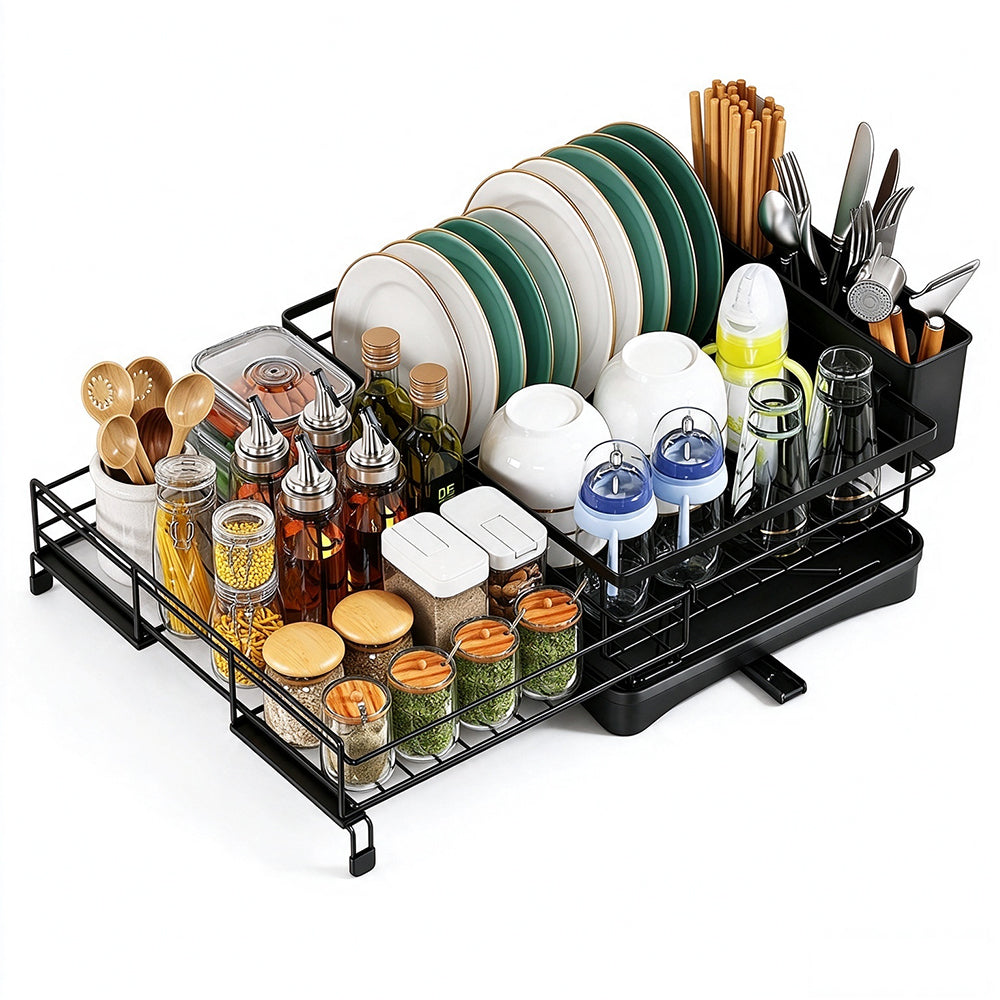 Expandable Carbon Steel Dish Drying Rack with Rotating Drain Spout-Black